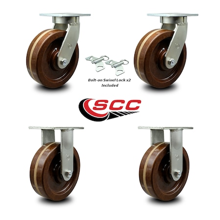 Service Caster 8 Inch Heavy Duty High Temp Phenolic Swivel Caster Swivel Locks 2 Rigid, 2PK SCC-KP92S830-PHRHT-BSL-2-R-2